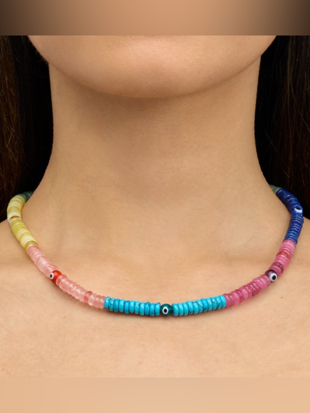 Turquoise, Quartz, Amazonite, Lapis Lazuli, Evil Eye Choker Necklace
